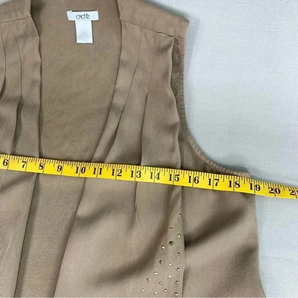 Cache Silk Blend Sleeveless Open Front Studded Vest Women Size M Brown Waterfall